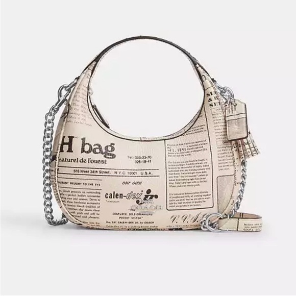 Coach Carmen Mini Tote Crossbody Bag Purse Newspaper Print Chain & Leather Strap - Picture 2 of 13